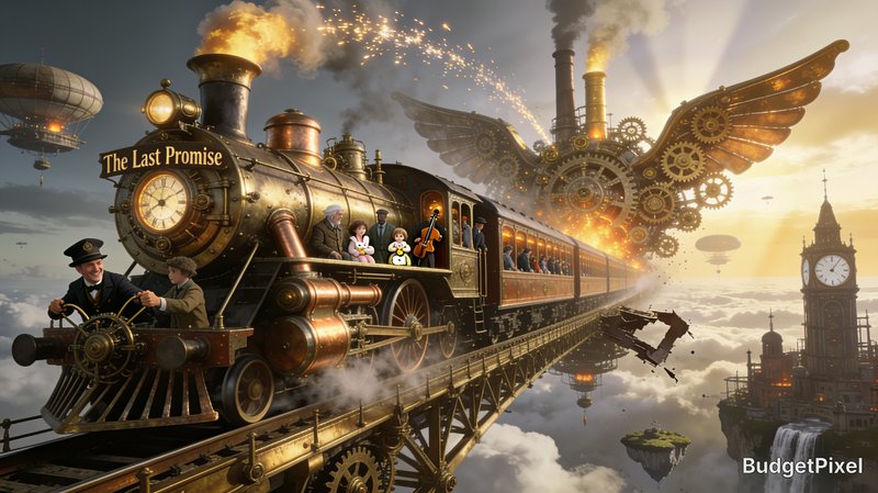 Steampunk winged steam train "The Last Promise" travels across a cloud-top railway above floating...