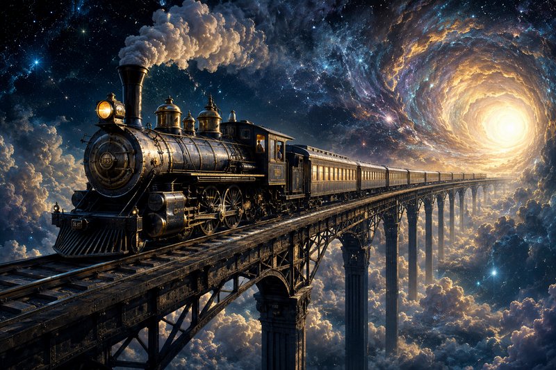 1885 vintage steam locomotive travels across a celestial railway bridge above clouds, heading tow...