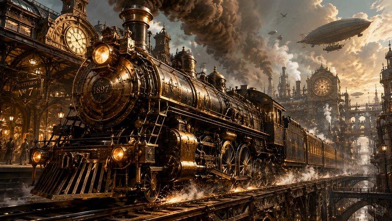 Brass 1897 steampunk steam locomotive departs a Victorian clockwork train station, with airships ...