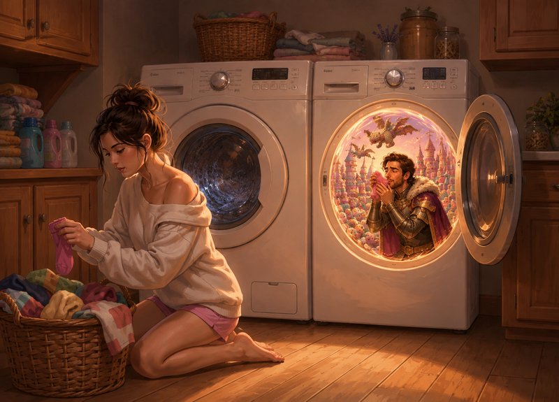 Woman folding laundry as an open dryer reveals a fantasy portal where a knight holds her matching...
