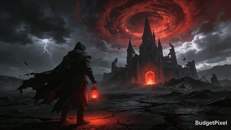 Hooded wanderer with glowing red lantern stands before a crumbling gothic fortress under a swirli...
