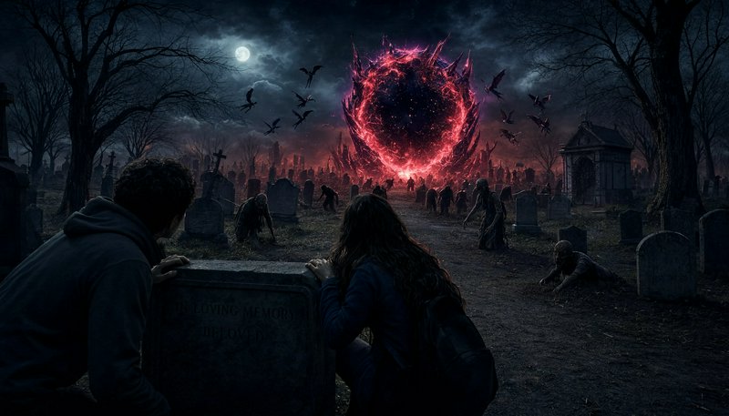 Two people hide behind a gravestone observing a glowing red interdimensional portal unleashing un...
