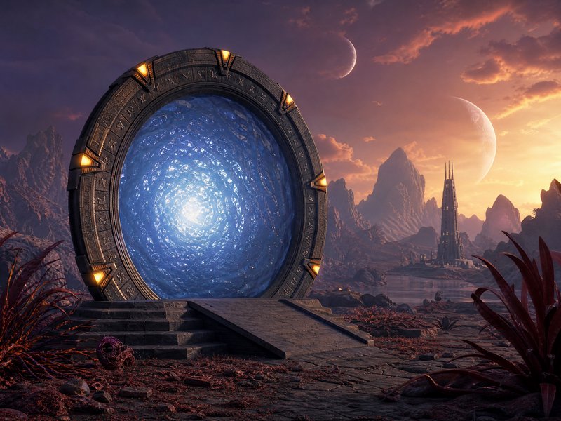 Ancient rune-carved stargate with glowing blue interdimensional vortex stands on an alien world at sunset, twin moons