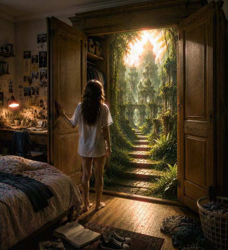Barefoot woman in a bedroom gazes through an open wardrobe portal leading to a sunlit overgrown f...