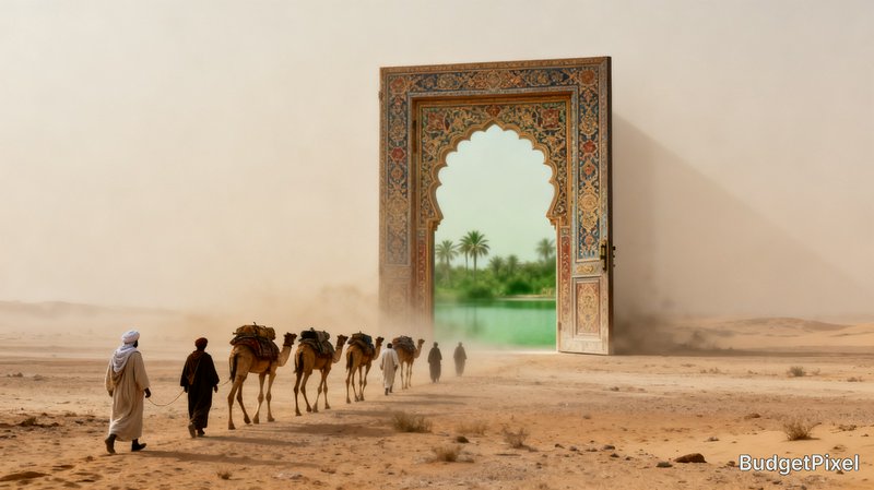 Nomadic camel caravan approaches a giant ornate Moorish door in a hazy desert, revealing a lush p...