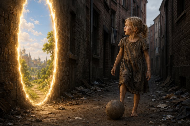 Barefoot ragged girl with a worn soccer ball stares at a glowing golden portal to a fairytale castle in a grim slum alley.