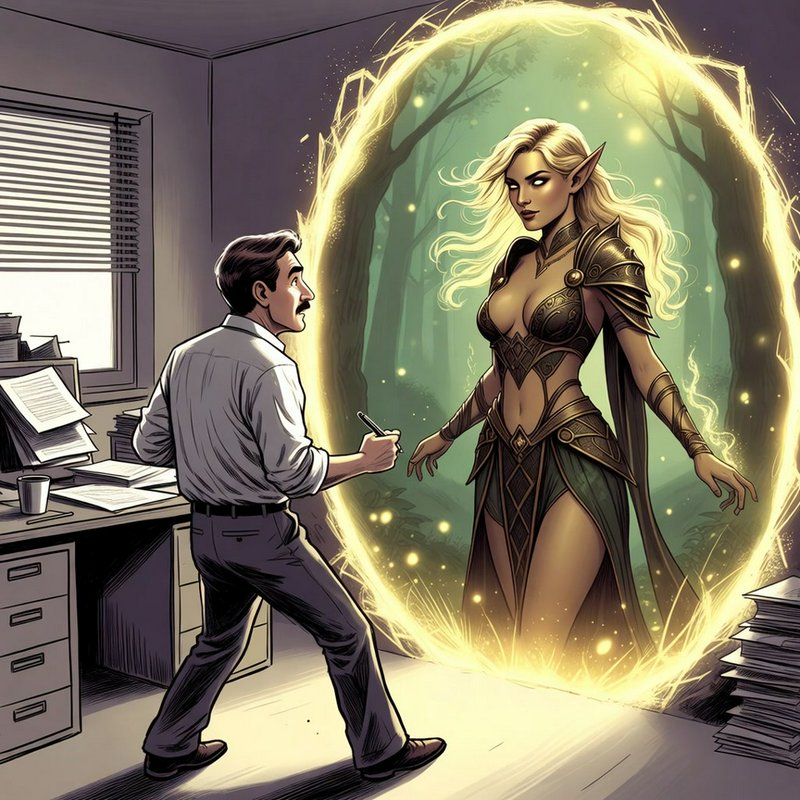 Surprised office worker stares as an armored blonde elf emerges from a glowing golden magic porta...