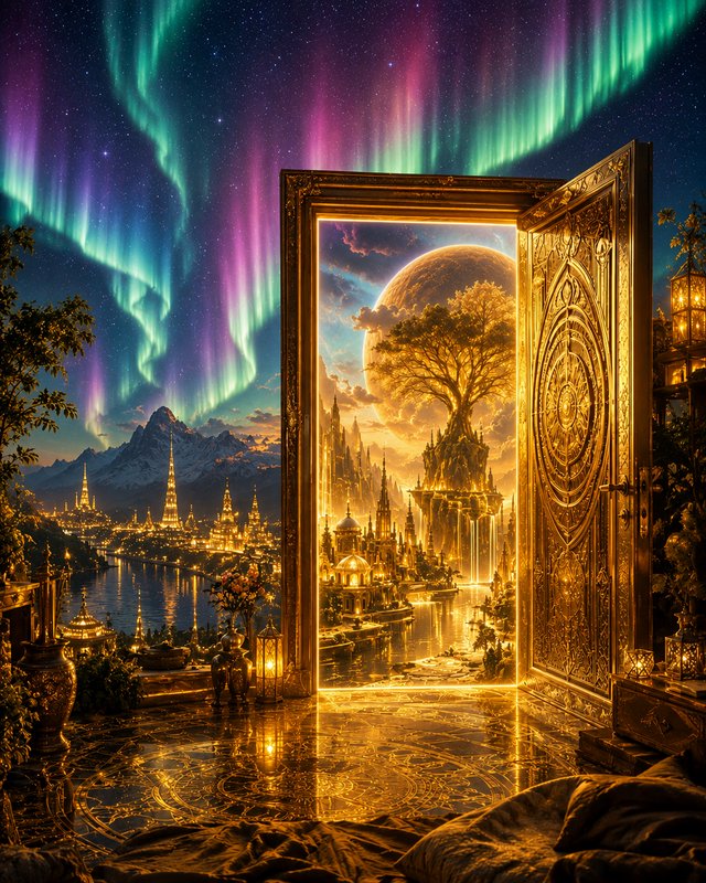 Ornate carved golden open portal reveals a glowing magical fantasy realm beneath swirling purple ...