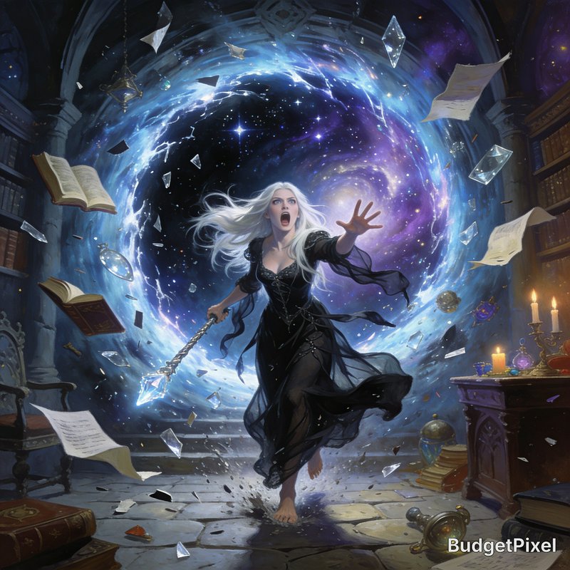 Shocked white-haired sorceress holds a crystal staff as a swirling cosmic portal erupts in her wi...