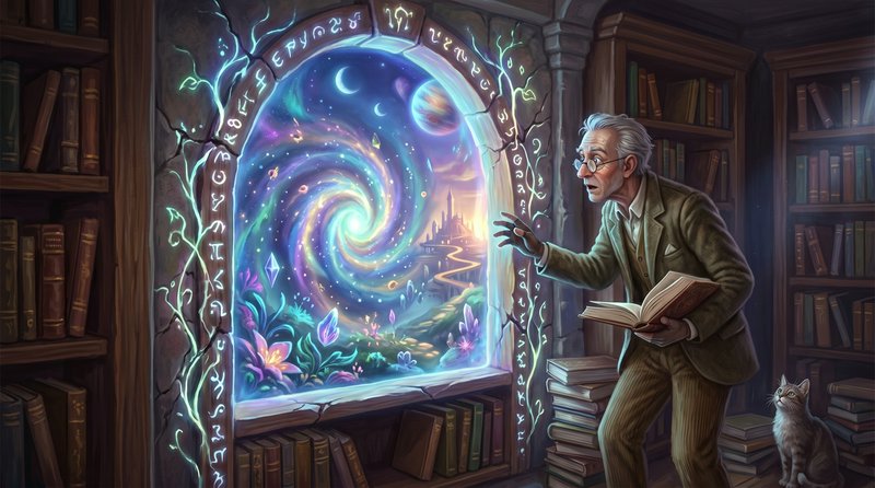 Surprised elderly scholar holding an open book reaches for a glowing rune-covered magical portal ...