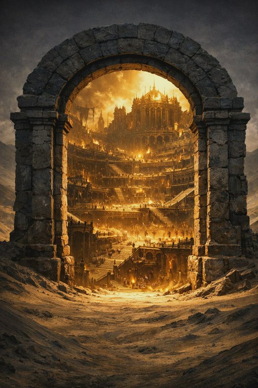 Ancient weathered stone archway frames a glowing, fire-lit fantasy coliseum set against a stormy ...