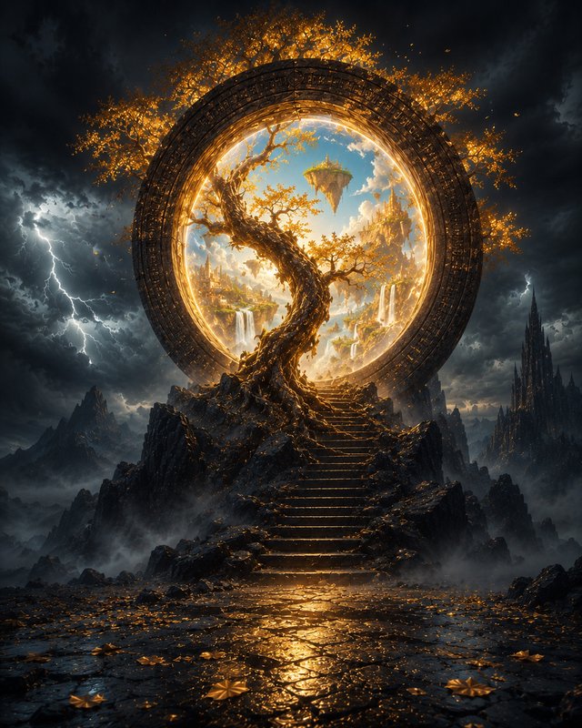 Gnarled golden-leaf world tree grows through a glowing rune-carved portal showing a floating fant...