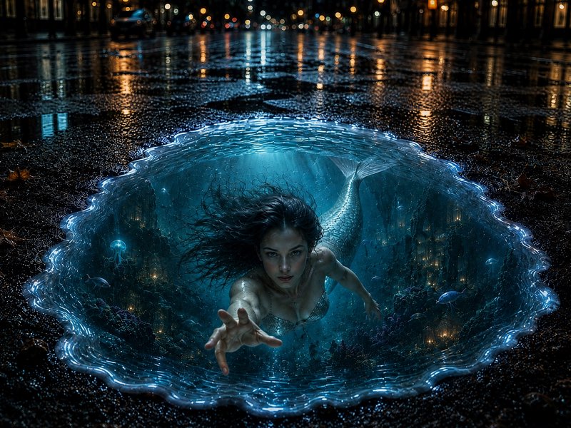 Surreal fantasy art of a mermaid reaching out from a glowing magical puddle on a rain-soaked night city street