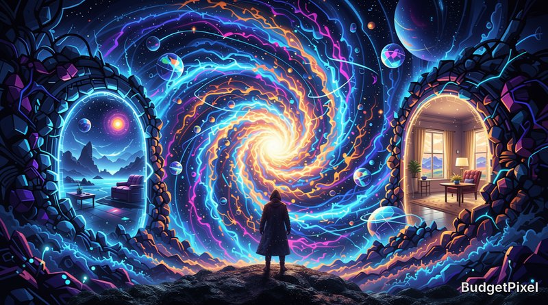 Hooded figure stands facing a swirling neon cosmic vortex, flanked by portal doorways to an alien...