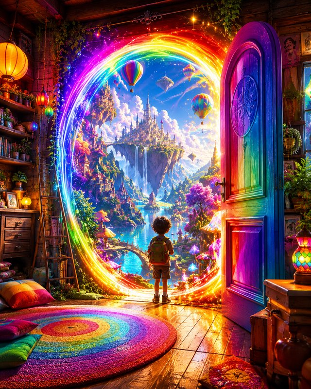 Curious child with a backpack stands before a glowing rainbow portal leading to a whimsical float...