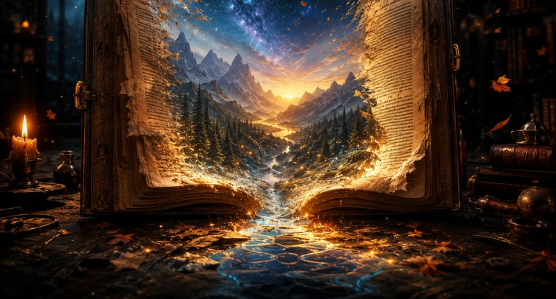 Ornate open ancient grimoire spilling a glowing fantasy mountain valley sunset landscape onto a w...