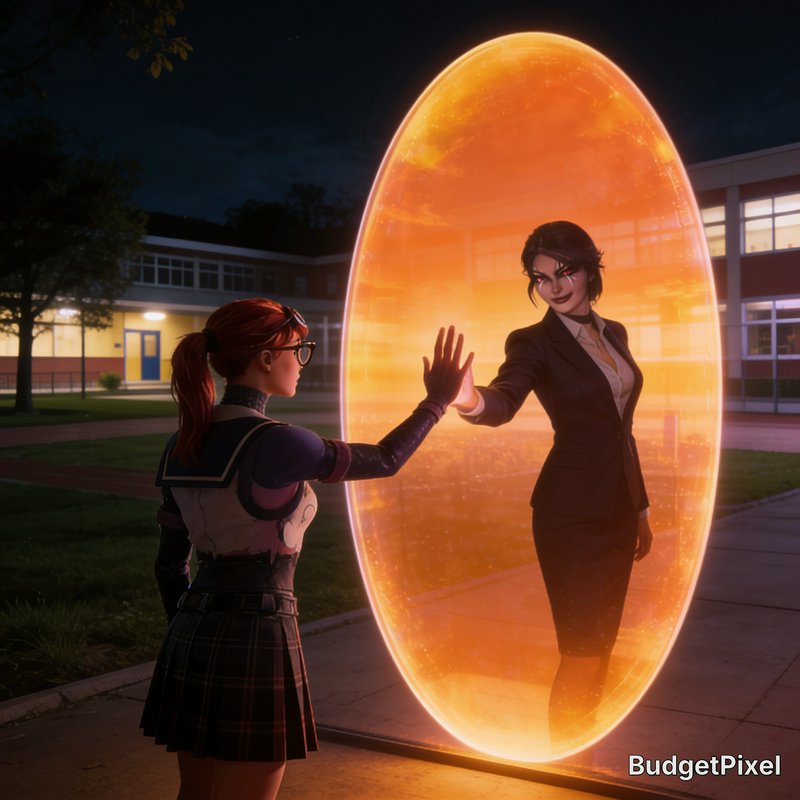 Red-haired schoolgirl touches glowing orange oval portal as sinister suited woman reaches out from the portal at night