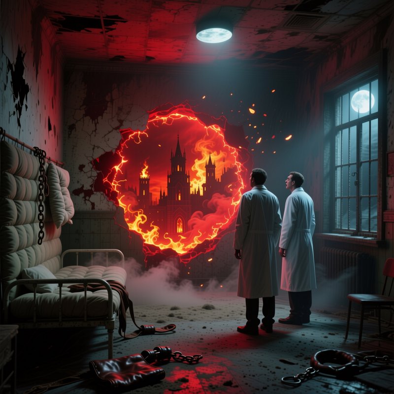 Two men in lab coats watch a fiery interdimensional hell portal open inside a decaying padded asy...