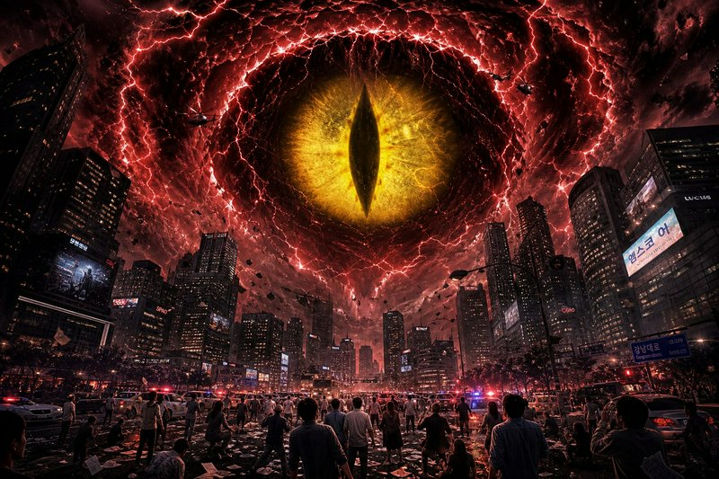 Giant glowing golden cosmic eye looms in a red lightning storm sky above panicking downtown city ...