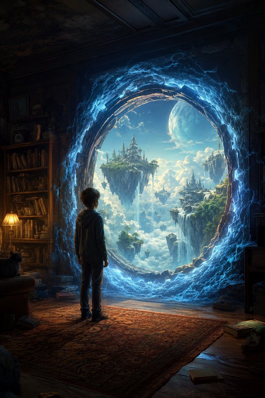 Young boy in a dim vintage library stares at a glowing blue magic portal leading to a floating fa...