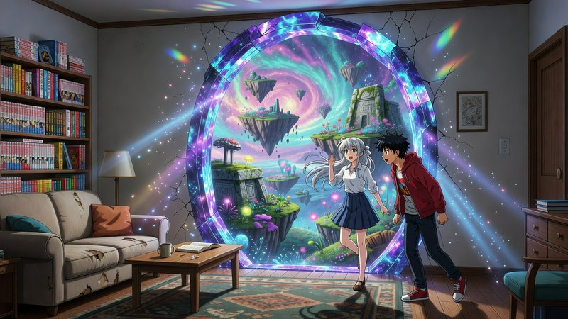 Anime teen boy reacts with surprise as a silver-haired girl steps through a glowing interdimensio...