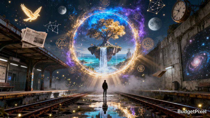 Silhouetted figure on abandoned train tracks faces glowing cosmic portal to floating island with ...