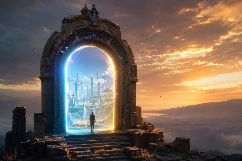 Silhouetted traveler stands before a glowing ancient stone portal overlooking clouds, opening to ...