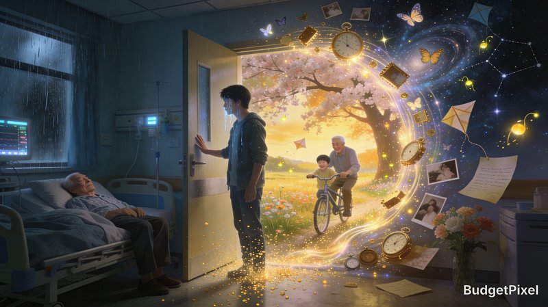 Young man stands in a rainy hospital room beside a glowing magical portal showing an elderly pati...