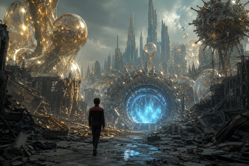 Uniformed space explorer walks through ruined alien city toward a glowing blue stargate portal su...