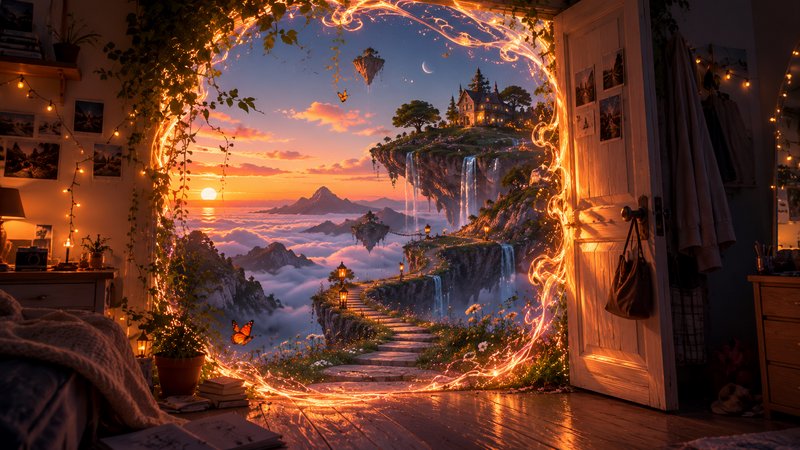 Luminous vine-wrapped magical portal inside a cozy bedroom opens to a fantasy floating island sun...