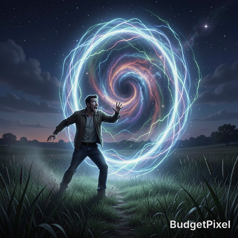 Startled man reacts to a glowing swirling interdimensional portal in a grassy field under a starr...