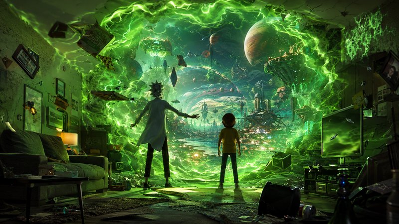 Rick and Morty stand in their cluttered living room facing a glowing green interdimensional porta...