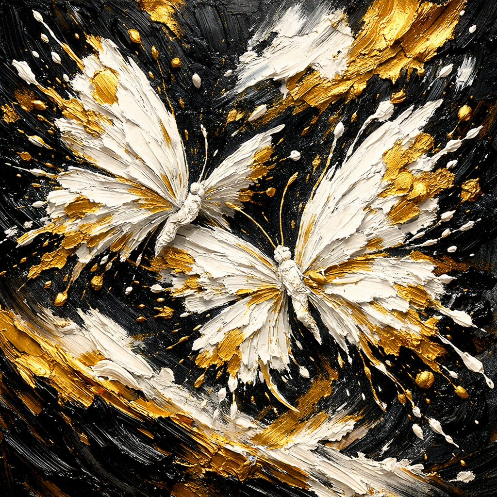 Two white and gold butterflies in a textured abstract painting on a dark background.