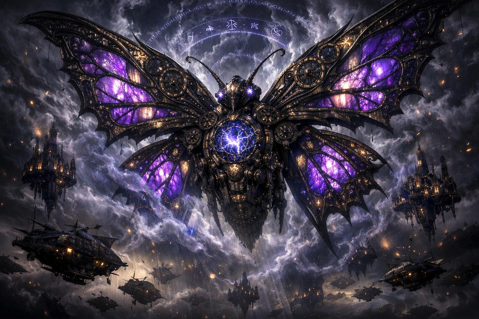 Dark fantasy giant moth-like mechanical wings with purple glow hovering above warships