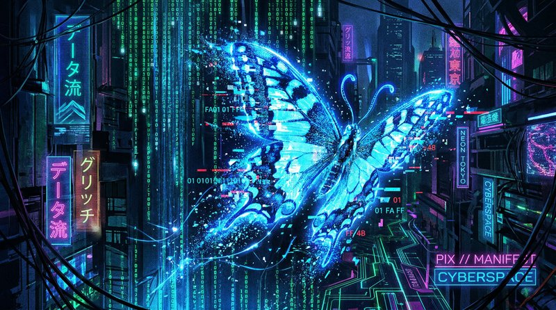 Bright blue digital butterfly in a neon cyberpunk cityscape with glowing signs