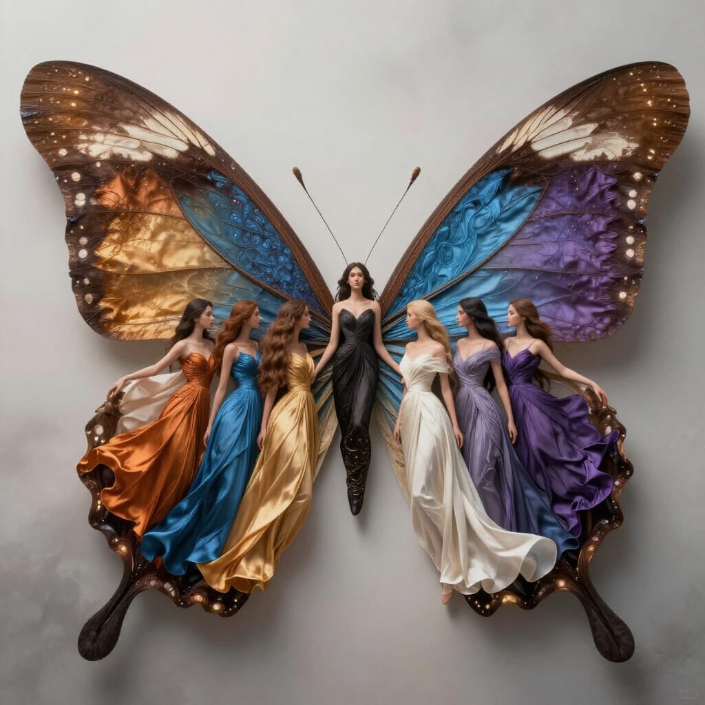 Central woman in a black gown with giant multicolored butterfly wings, flanked by eight women in flowing gowns.