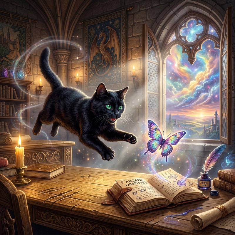 Black cat leaps through a magical medieval study toward a glowing butterfly.