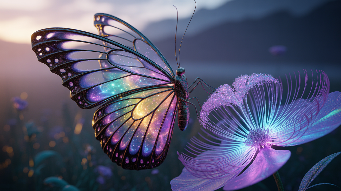 Colorful butterfly with galaxy-pattern wings near a glowing purple flower at sunset.