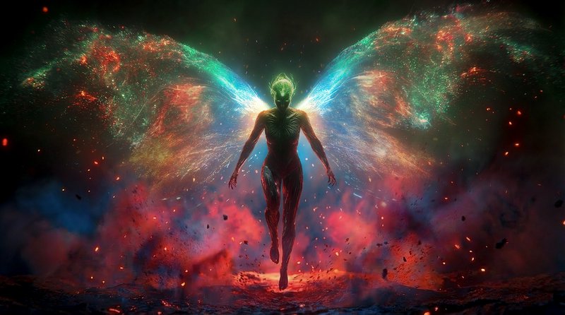Figure with radiant multicolored energy wings ascending against a smoky cosmic background.