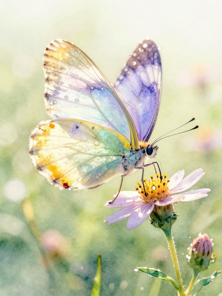 Pastel butterfly perched on a daisy-like flower with dew droplets.