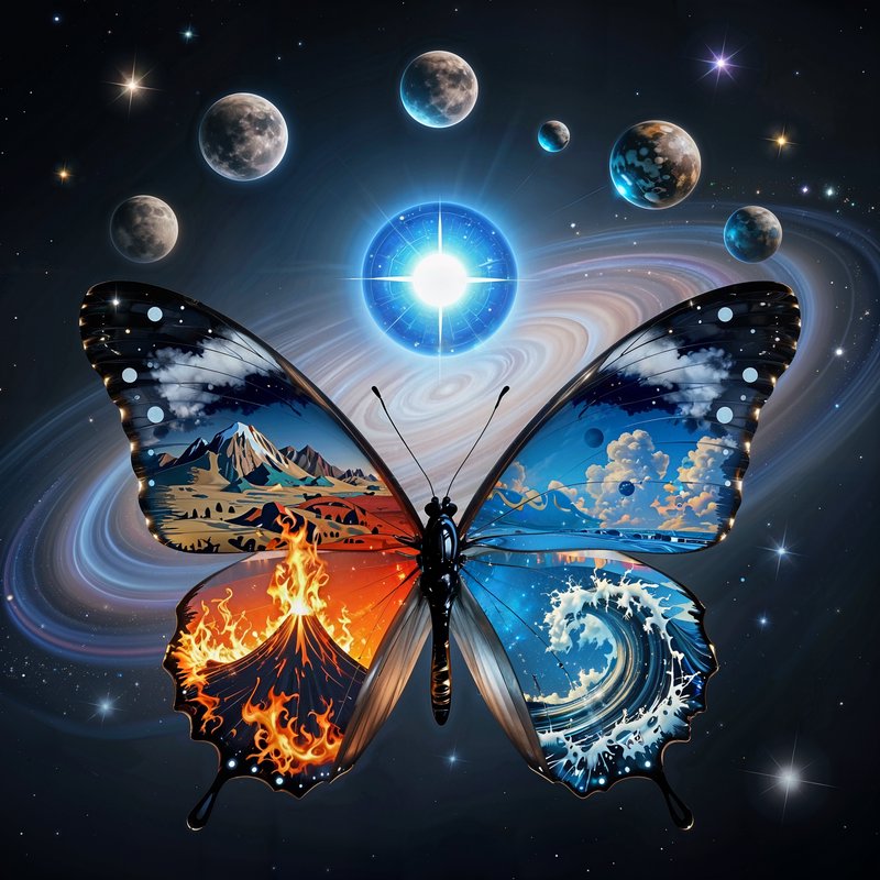 Vivid butterfly with elemental scenes on its wings (fire and water) set against a cosmic space ba...