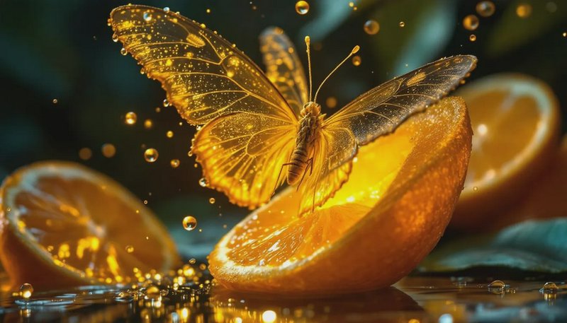 Golden butterfly perched on orange slice with sparkling droplets