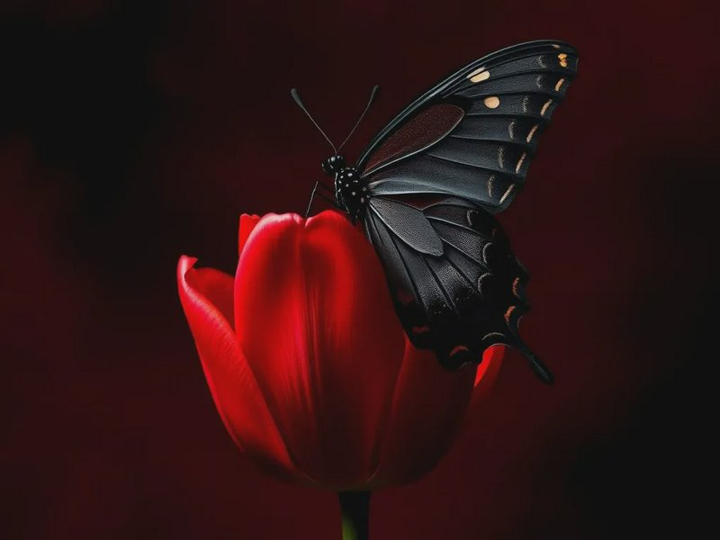 Black butterfly perched on a red Tulip against a dark background.