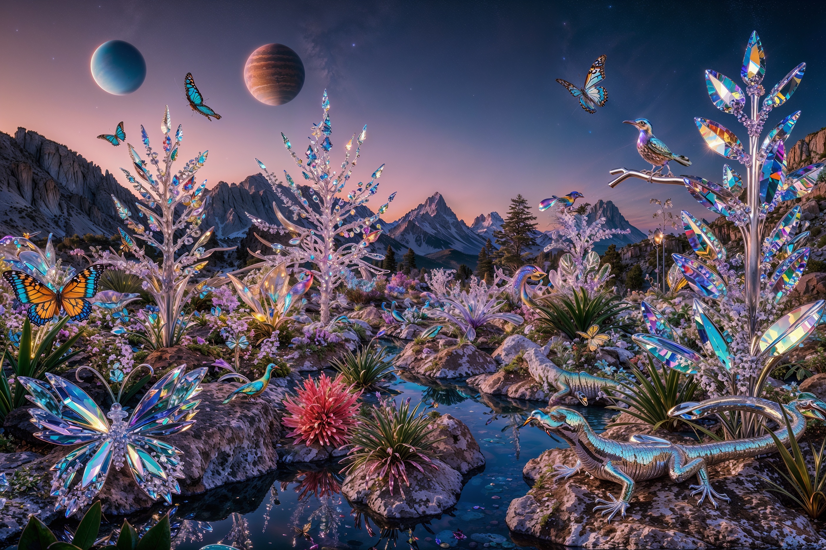 Fantasy crystal garden with glowing plants, mythical creatures, and planets in a starry twilight sky.