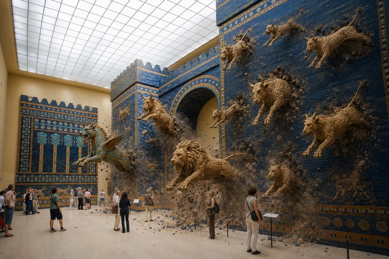Surreal edited Ishtar Gate exhibit, tiled golden animals bursting from blue brick walls as museum...