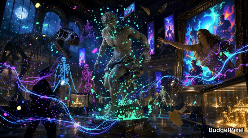 Supernatural night museum scene with reanimated statues, glowing neon skeletons, and startled sec...