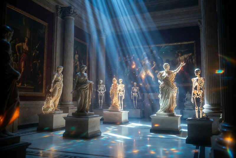 Dramatic sunbeams illuminate a grand classical museum gallery lined with marble statues and anato...