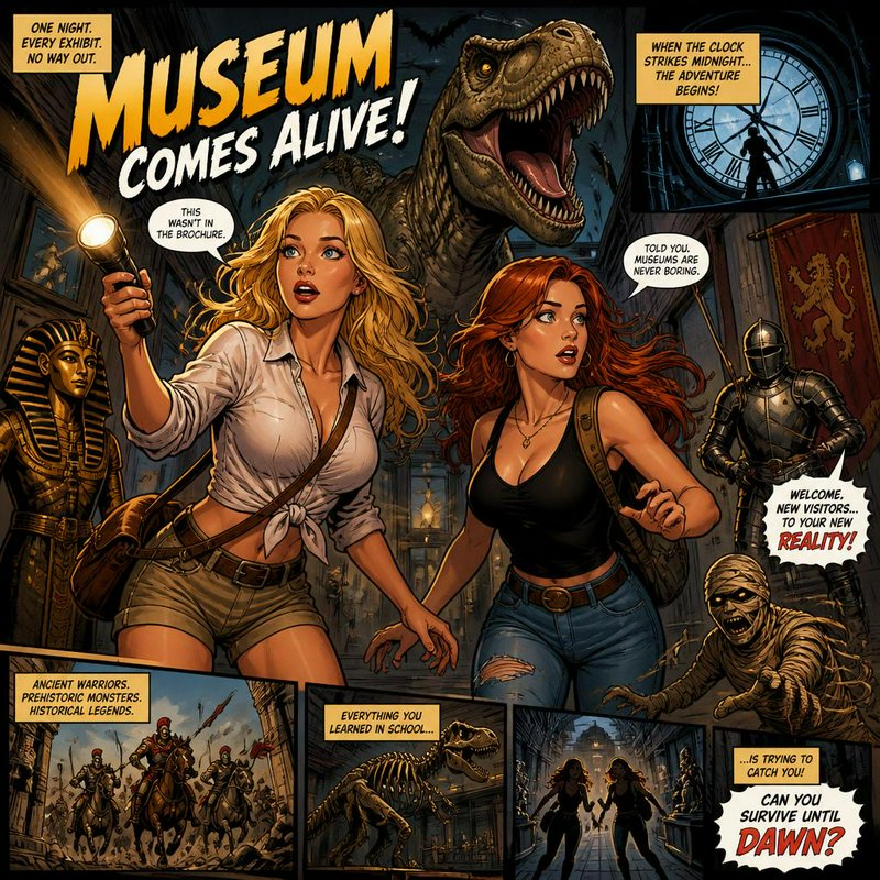 Comic book illustration: Two female explorers discover museum exhibits come alive at midnight, su...