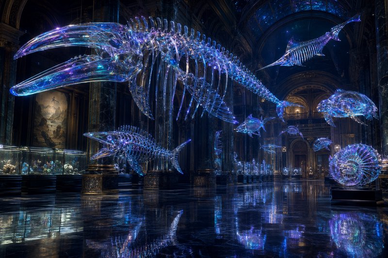Floating glowing iridescent crystal marine skeleton sculptures fill an ornate grand museum hall.