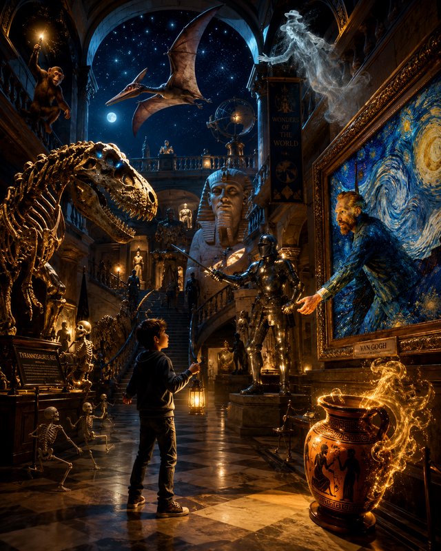 Curious boy with a lantern stands in a magical museum where all exhibits come alive after dark